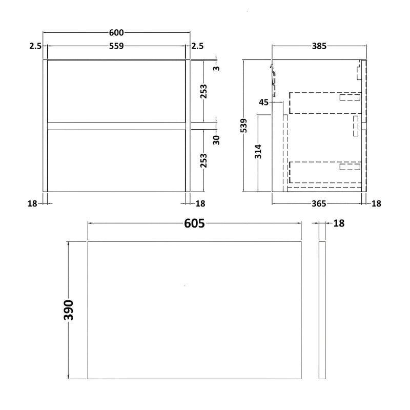 Havana 600mm 2-Drawer Wall Hung Vanity Unit with Countertop