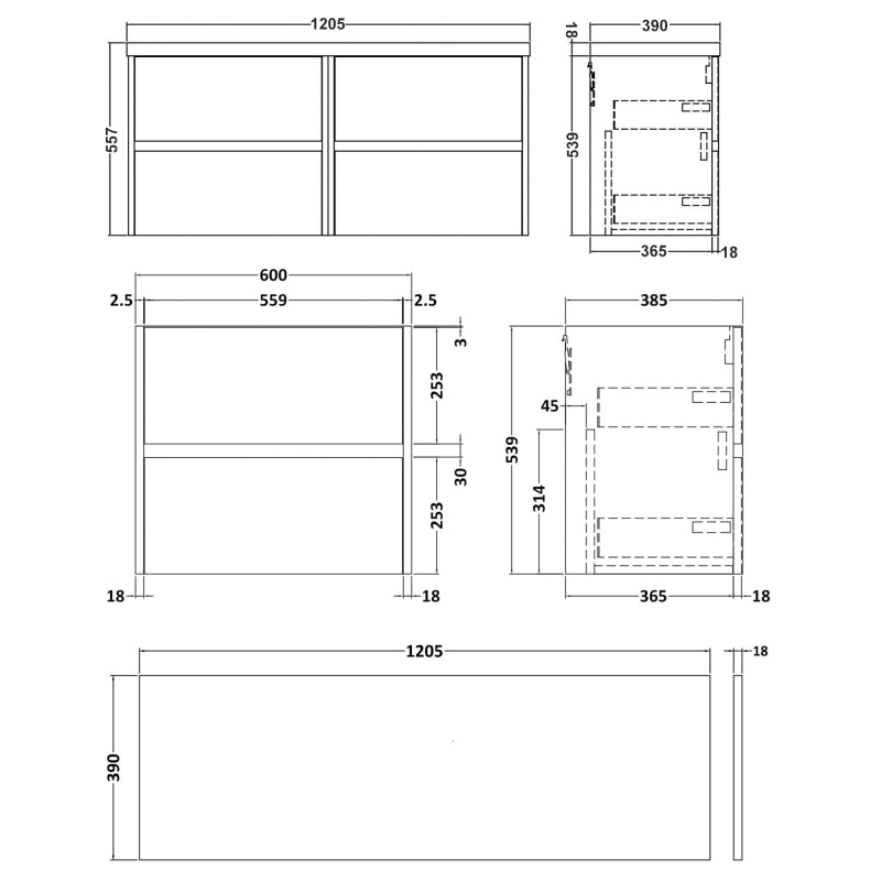 1200mm Wall Hung 4 Drawer Unit & Worktop