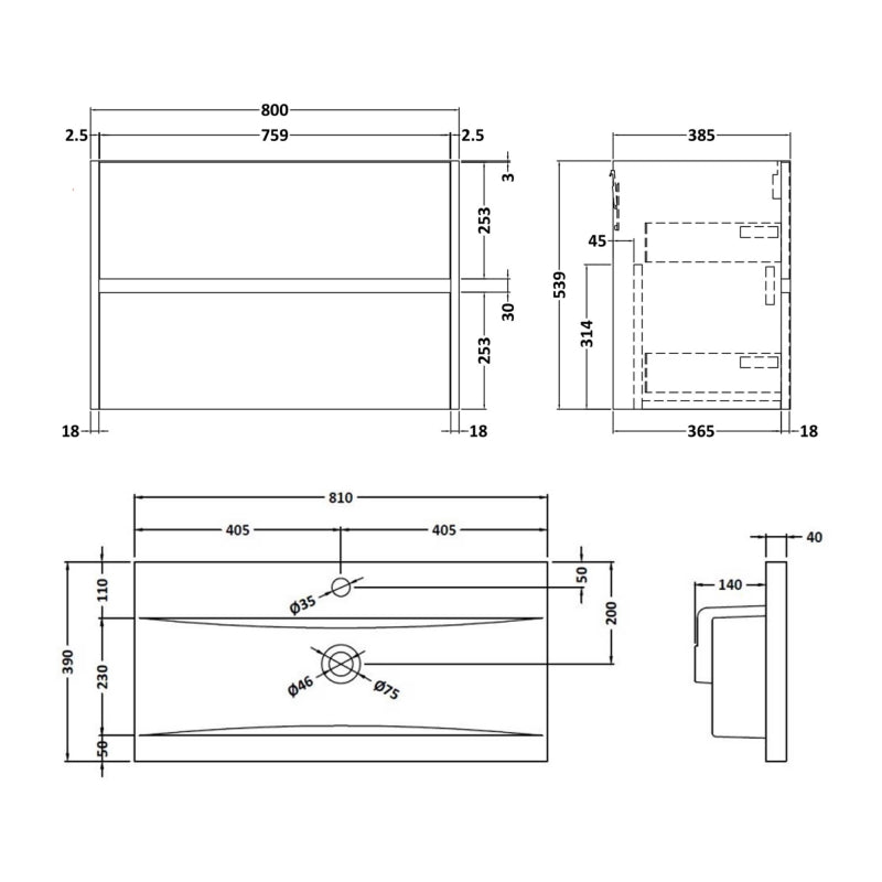 Havana Wall Hung 2-Drawer Vanity Unit with Basin 1 800mm Wide - Metallic Slate