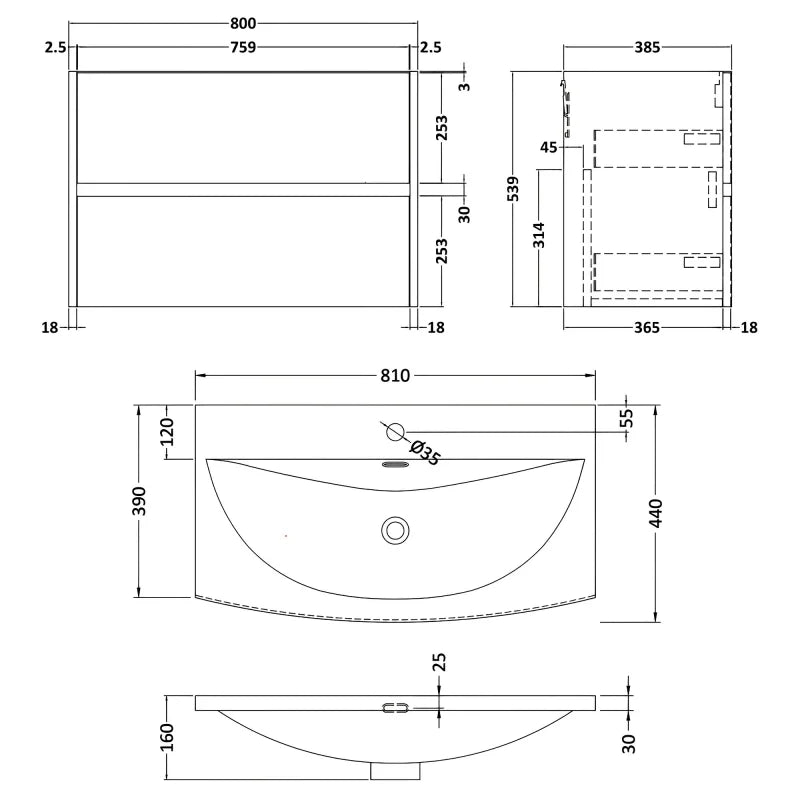 Havana Wall Hung 2-Drawer Vanity Unit with Basin 4 800mm Wide - Metallic Slate