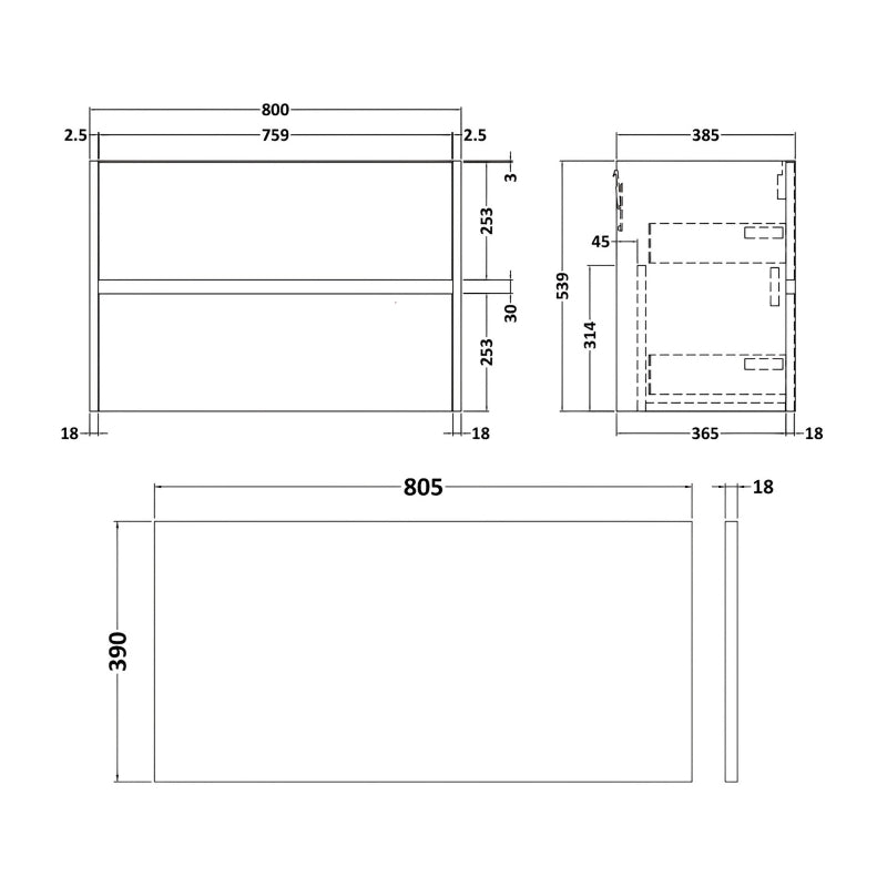 Havana Wall Hung 2-Drawer Vanity Unit with Worktop 800mm Wide - Graphite Grey