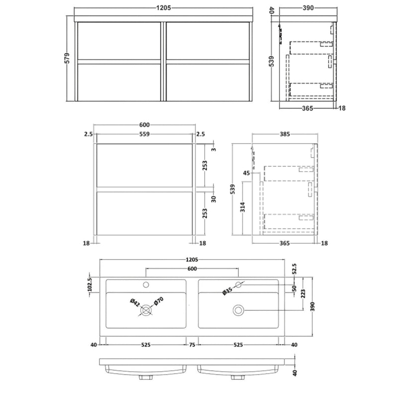 Havana Wall Hung 4-Drawer Vanity Unit with Double Polymarble Basin 1200mm Wide - Autumn Oak