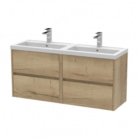 Havana Wall Hung 4-Drawer Vanity Unit with Double Polymarble Basin 1200mm Wide - Autumn Oak