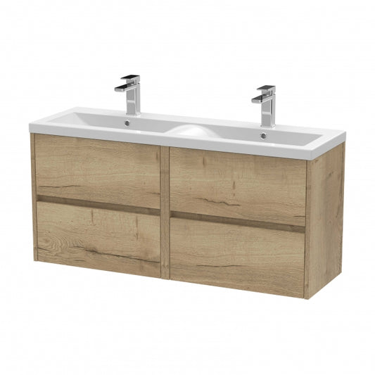 Havana Wall Hung 4-Drawer Vanity Unit with Double Ceramic Basin 1200mm Wide - Autumn Oak