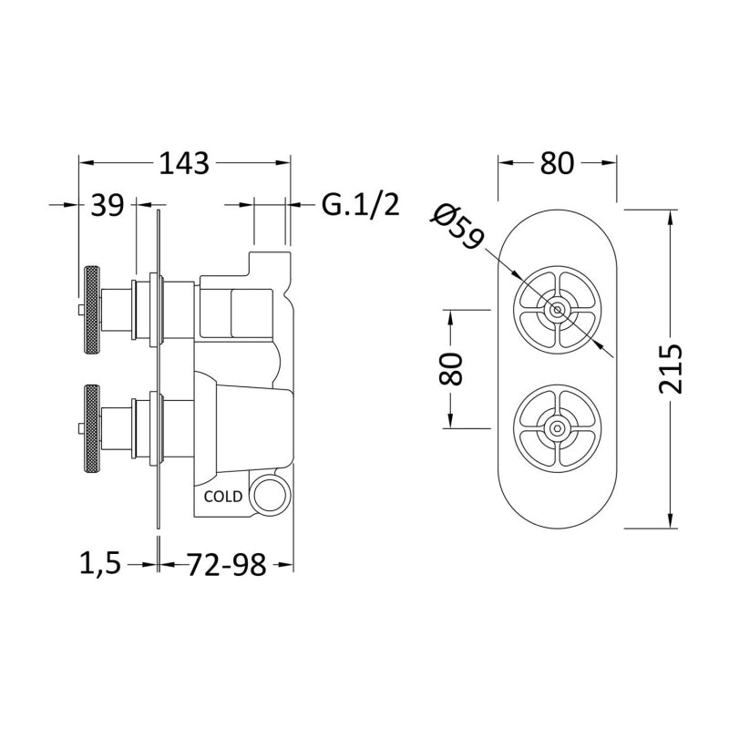 Crawford Industrial Concealed Shower Valve with Diverter Dual Handle - Brushed Brass