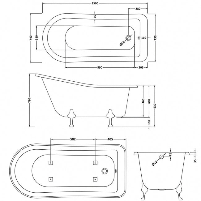 Crawford Kensington Freestanding Slipper Bath 1500mm x 730mm - Pride Leg Set