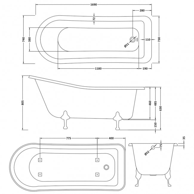 Crawford Kensington Freestanding Slipper Bath 1700mm x 730mm - Pride Leg Set