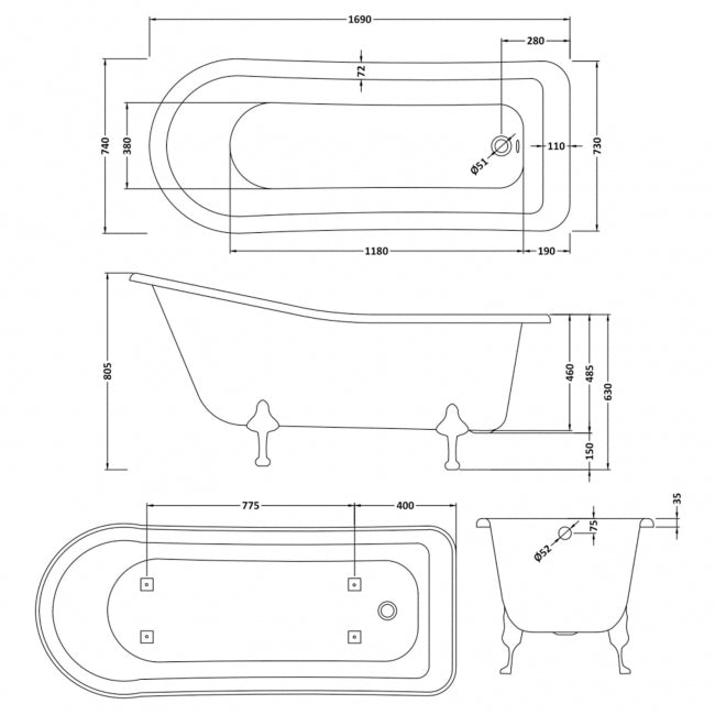 Crawford Kensington Freestanding Slipper Bath 1700mm x 730mm - Deacon Leg Set