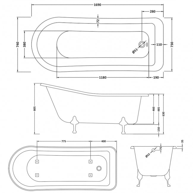 Crawford Kensington Freestanding Slipper Bath 1700mm x 730mm - Corbel Leg Set