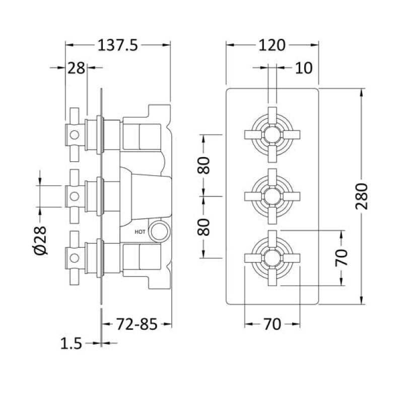 Crawford Kristal Crosshead Concealed Valve with Diverter Triple Handle - Chrome