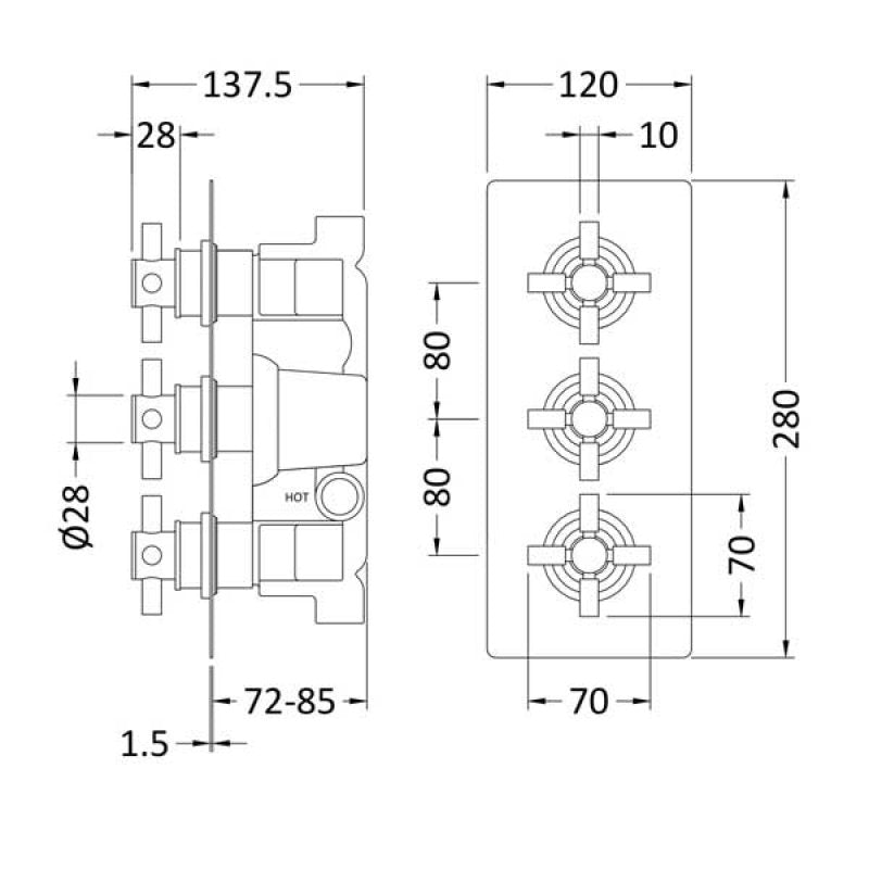 Crawford Tec Crosshead Concealed Shower Valve Triple Handle - Matt Black