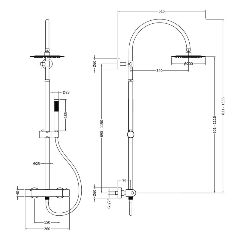 Crawford Luxury Round Thermostatic Bar Mixer Shower with Shower Kit and Fixed Head - Chrome