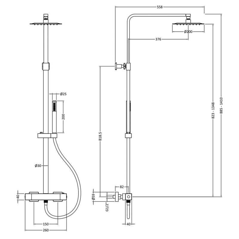 Crawford Luxury Square Thermostatic Bar Mixer Shower with Shower Kit and Fixed Head - Chrome