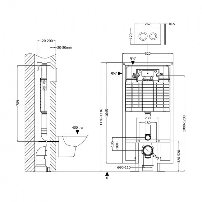 Crawford Wall Hung Toilet Frame with Dual Flush Concealed Cistern Round Plate - Matt Black