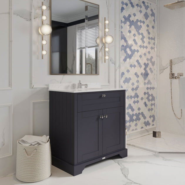 Crawford Old London Floor Standing Vanity Unit with 3TH White Marble Top Basin 800mm Wide - Twilight Blue