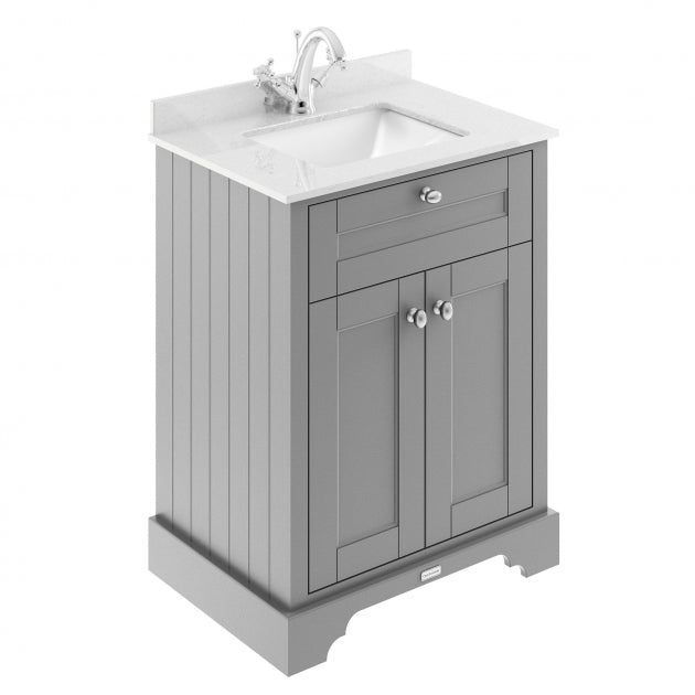 Crawford Old London Floor Standing Vanity Unit with 1TH White Marble Top Rectangular Basin 600mm Wide - Storm Grey