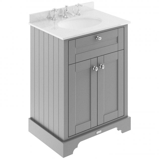 Crawford Old London Floor Standing Vanity Unit with 3TH White Marble Top Basin 600mm Wide - Storm Grey