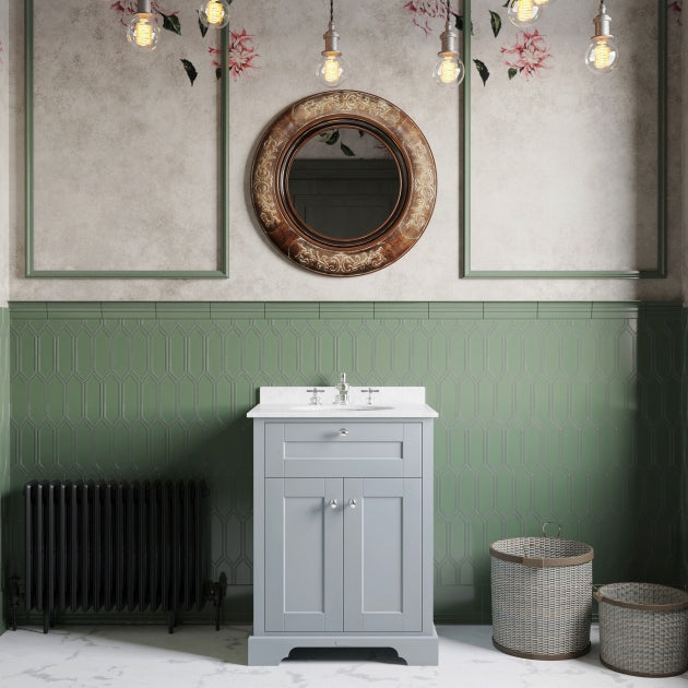 Crawford Old London Floor Standing Vanity Unit with 3TH White Marble Top Basin 600mm Wide - Storm Grey