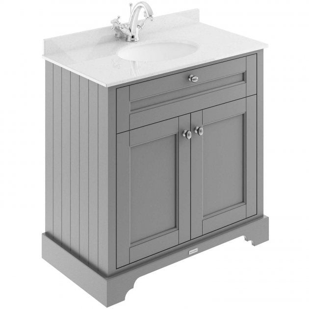 Crawford Old London Floor Standing Vanity Unit with 1TH White Marble Top Basin 800mm Wide - Storm Grey