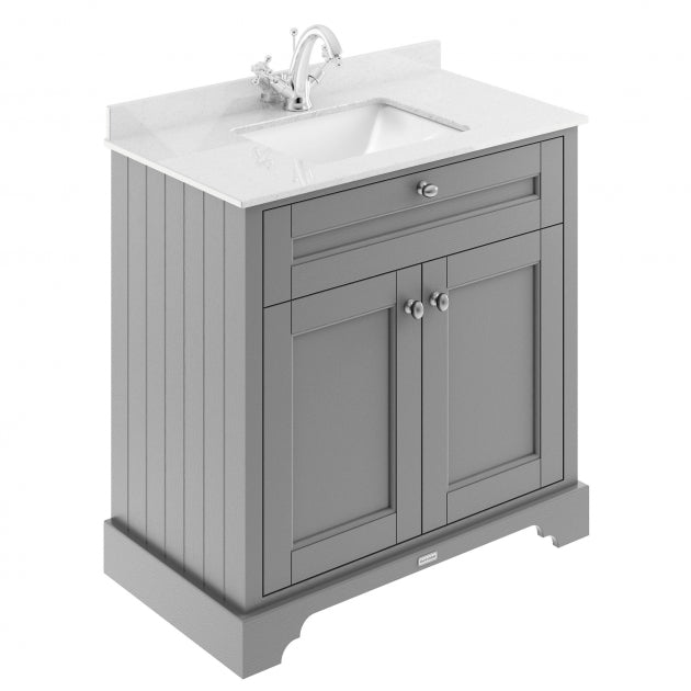 Crawford Old London Floor Standing Vanity Unit with 1TH White Marble Top Rectangular Basin 820mm Wide - Storm Grey