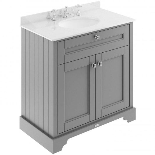 Crawford Old London Floor Standing Vanity Unit with 3TH White Marble Top Basin 800mm Wide - Storm Grey