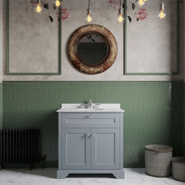 Crawford Old London Floor Standing Vanity Unit with 3TH White Marble Top Basin 800mm Wide - Storm Grey