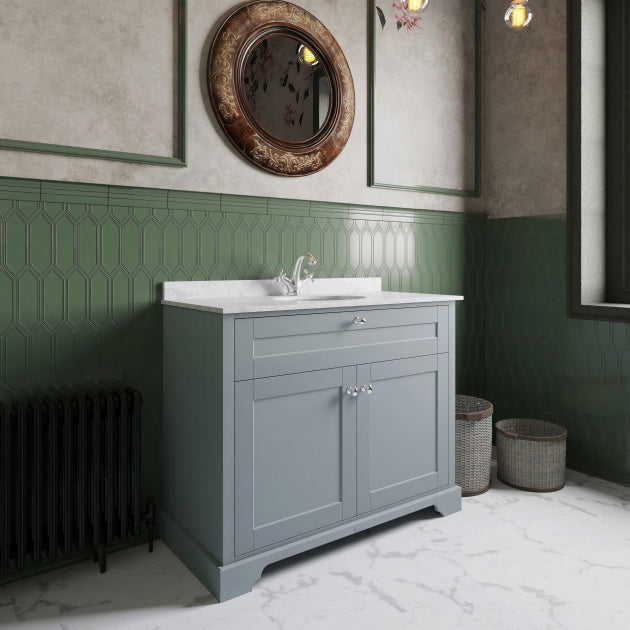 Crawford Old London Floor Standing Vanity Unit with 1TH White Marble Top Basin 1000mm Wide - Storm Grey