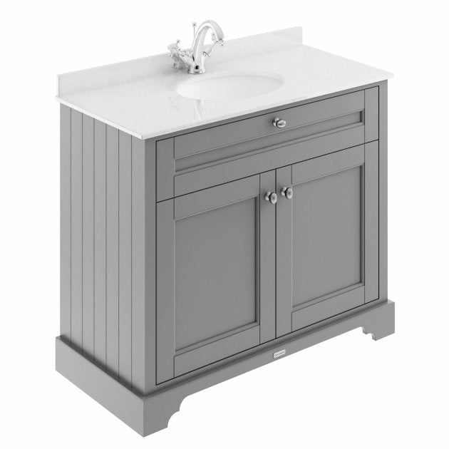 Crawford Old London Floor Standing Vanity Unit with 1TH White Marble Top Basin 1000mm Wide - Storm Grey