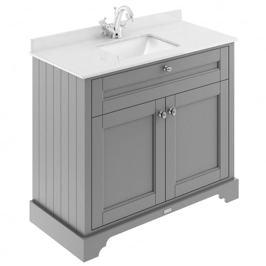 Crawford Old London Floor Standing Vanity Unit with 1TH White Marble Top Rectangular Basin 1000mm Wide - Storm Grey