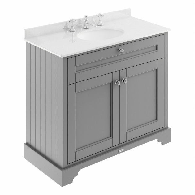 Crawford Old London Floor Standing Vanity Unit with 3TH White Marble Top Basin 1000mm Wide - Storm Grey