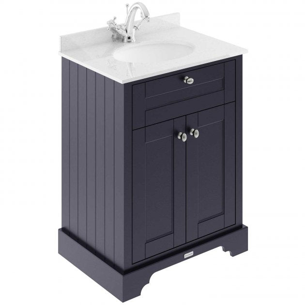 Crawford Old London Floor Standing Vanity Unit with 1TH White Marble Top Basin 600mm Wide - Twilight Blue