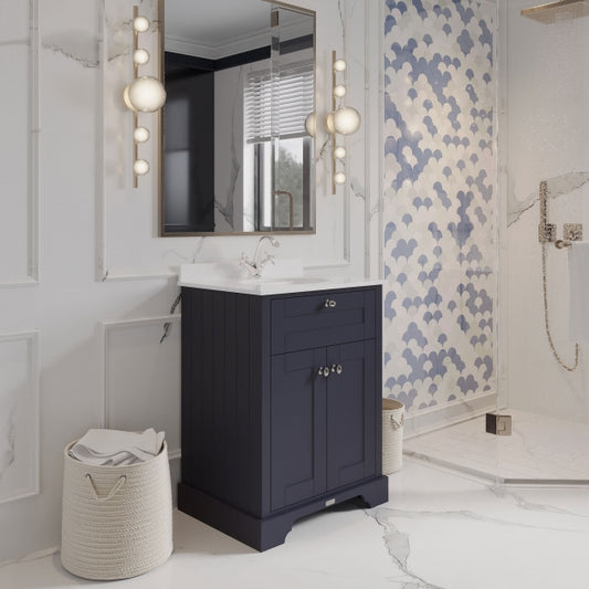 Crawford Old London Floor Standing Vanity Unit with 1TH White Marble Top Basin 600mm Wide - Twilight Blue