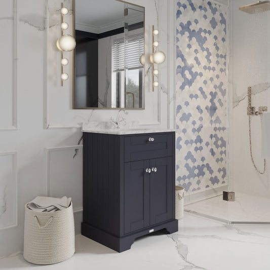 Crawford Old London Floor Standing Vanity Unit with 1TH Grey Marble Top Basin 600mm Wide - Twilight Blue