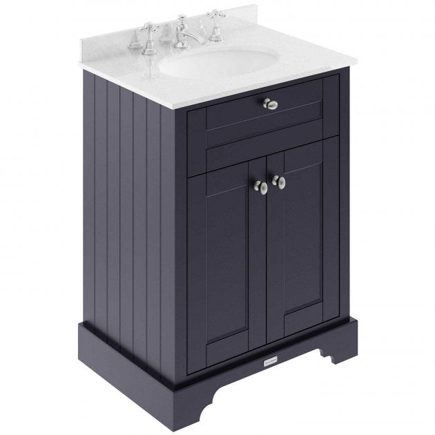 Crawford Old London Floor Standing Vanity Unit with 3TH White Marble Top Basin 600mm Wide - Twilight Blue