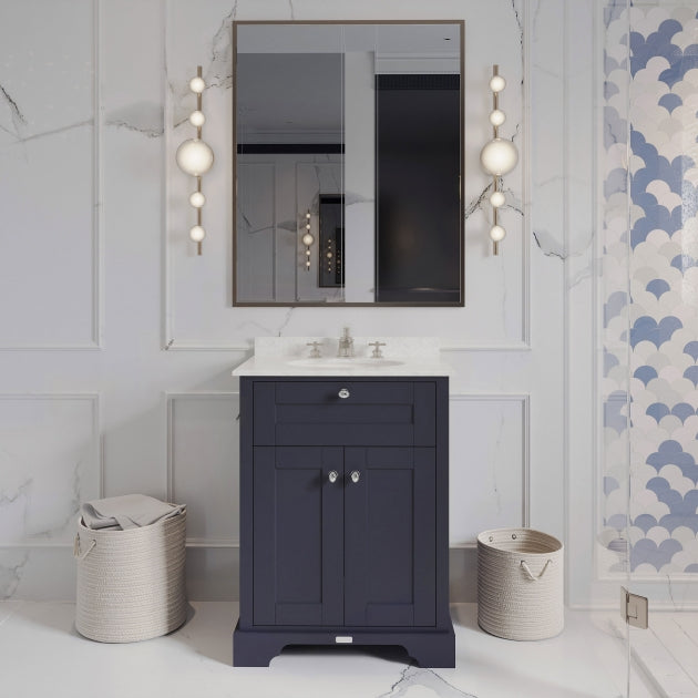 Crawford Old London Floor Standing Vanity Unit with 3TH White Marble Top Basin 600mm Wide - Twilight Blue