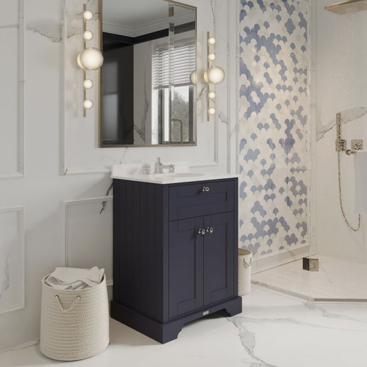 Crawford Old London Floor Standing Vanity Unit with 3TH White Marble Top Basin 600mm Wide - Twilight Blue