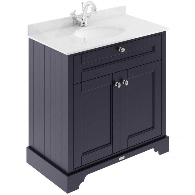 Crawford Old London Floor Standing Vanity Unit with 1TH White Marble Top Basin 800mm Wide - Twilight Blue