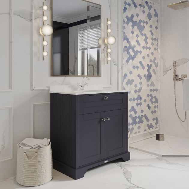 Crawford Old London Floor Standing Vanity Unit with 1TH White Marble Top Basin 800mm Wide - Twilight Blue