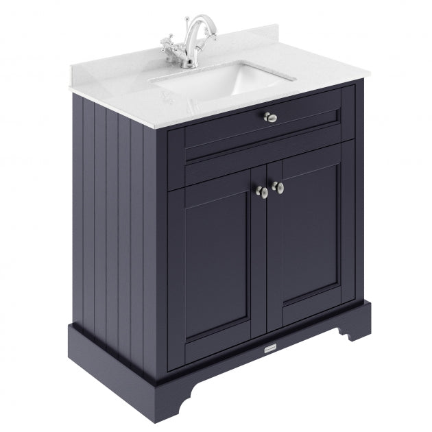 Crawford Old London Floor Standing Vanity Unit with 1TH White Marble Top Rectangular Basin 820mm Wide - Twilight Blue