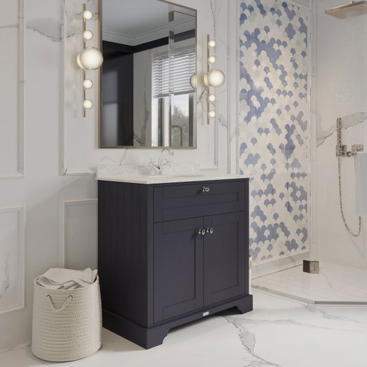 Crawford Old London Floor Standing Vanity Unit with 1TH Grey Marble Top Basin 800mm Wide - Twilight Blue