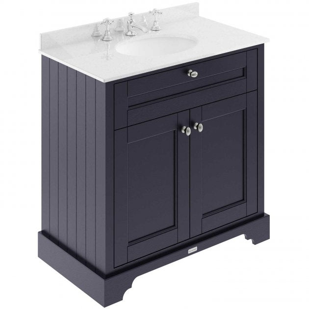 Crawford Old London Floor Standing Vanity Unit with 3TH White Marble Top Basin 800mm Wide - Twilight Blue