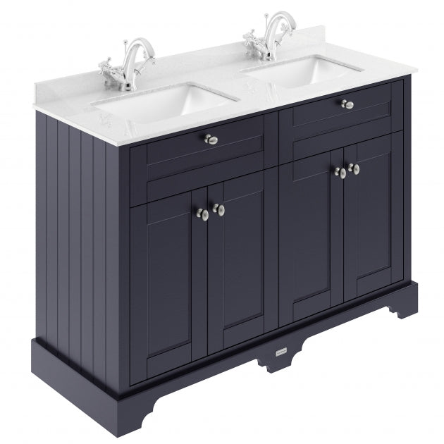 Crawford Old London Floor Standing Vanity Unit with 1TH White Double Marble Top Rectangular Basin 1220mm Wide - Twilight Blue