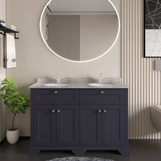 Crawford Old London Floor Standing Vanity Unit with 1TH Grey Marble Top Basin 1200mm Wide - Twilight Blue