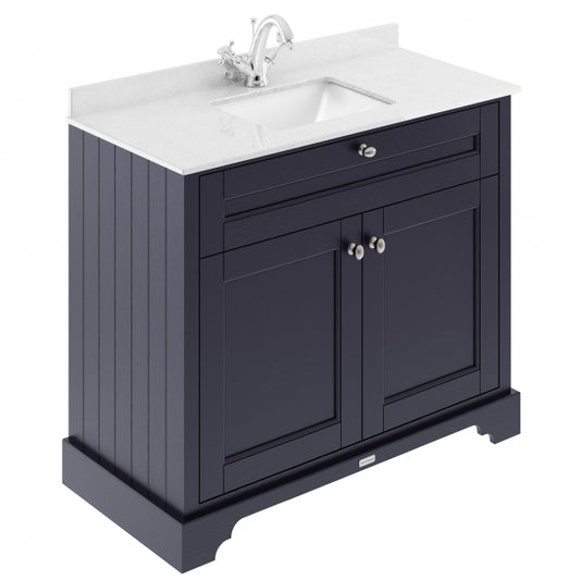 Crawford Old London Floor Standing Vanity Unit with 1TH White Marble Top Rectangular Basin 1000mm Wide - Twilight Blue