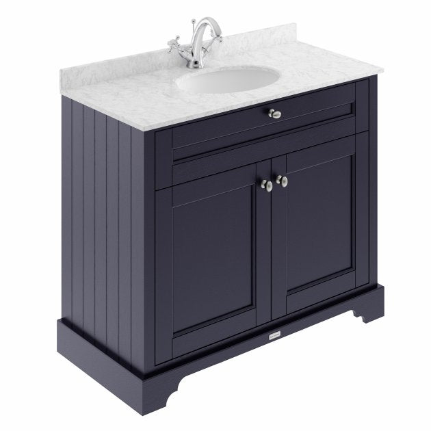 Crawford Old London Floor Standing Vanity Unit with 1TH Grey Marble Top Basin 1000mm Wide - Twilight Blue