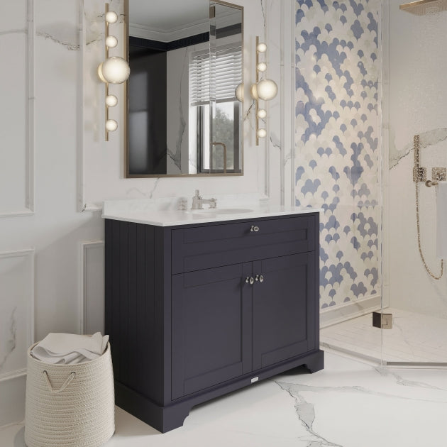 Crawford Old London Floor Standing Vanity Unit with 3TH White Marble Top Basin 1000mm Wide - Twilight Blue