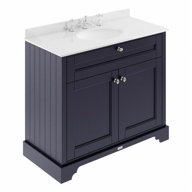 Crawford Old London Floor Standing Vanity Unit with 3TH White Marble Top Basin 1000mm Wide - Twilight Blue