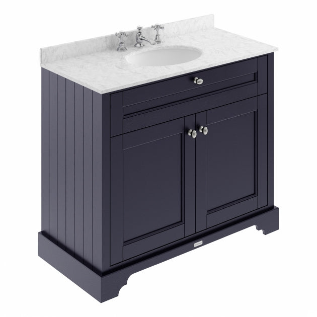 Crawford Old London Floor Standing Vanity Unit with 3TH Grey Marble Top Basin 1000mm Wide - Twilight Blue