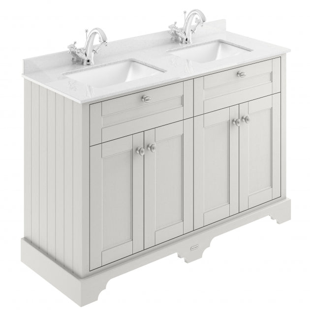 Crawford Old London Floor Standing Vanity Unit with 1TH White Double Marble Top Rectangular Basin 1220mm Wide - Timeless Sand