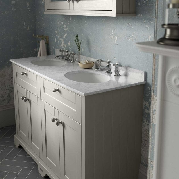 Crawford Old London Floor Standing Vanity Unit with 3TH Grey Marble Top Basin 1200mm Wide - Timeless Sand